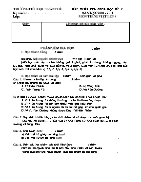 Đề kiểm tra giữa học kỳ 1 môn Tiếng Việt Lớp 4 - Năm học 2010-2011 - Trường TH Trần Phú